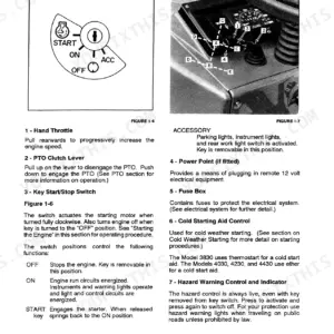 New Holland 3830, 4030, 4230, 4430 operator manual page showing key switch diagrams and tractor control operation descriptions.