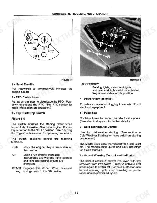 cbac80f7-b-operations-34 New Holland 3830, 4030, 4230, 4430 operator manual page showing key switch diagrams and tractor control operation descriptions.