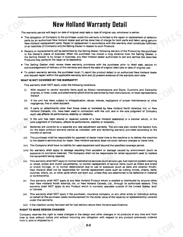 New Holland 3830, 4030, 4230, 4430 warranty detail page outlining coverage terms and exclusions for equipment owners.
