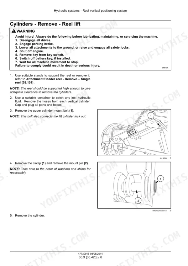 New Holland 840CD, 880CF service manual page showing removal procedure for reel lift hydraulic cylinders with diagrams.