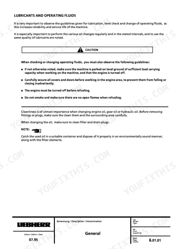 Liebherr L511, L521, L531, L541 maintenance manual page covering safety guidelines for lubricants and operating fluids.