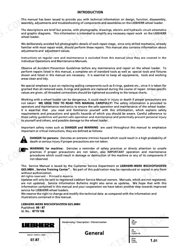 Liebherr L511, L521, L531, L541 service manual introduction page with safety guidelines and general information.