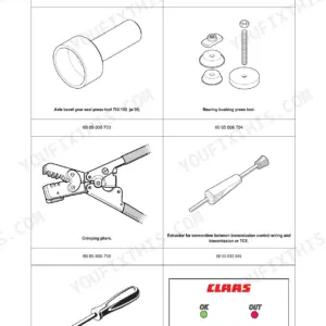 Claas Axion 810-850 service manual page showing specialized tools: axle seal press, bearing bushing tool, crimping pliers, and extractors.