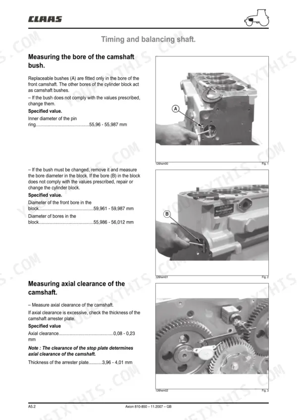Claas Axion 810-850 manual: measuring camshaft bush bore, cylinder block bores, and camshaft axial clearance with specified values.