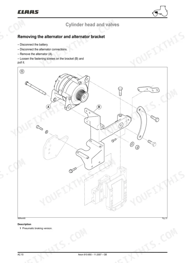 Claas Axion 810-850: Exploded view diagram showing procedure for removing the alternator and alternator mounting bracket.