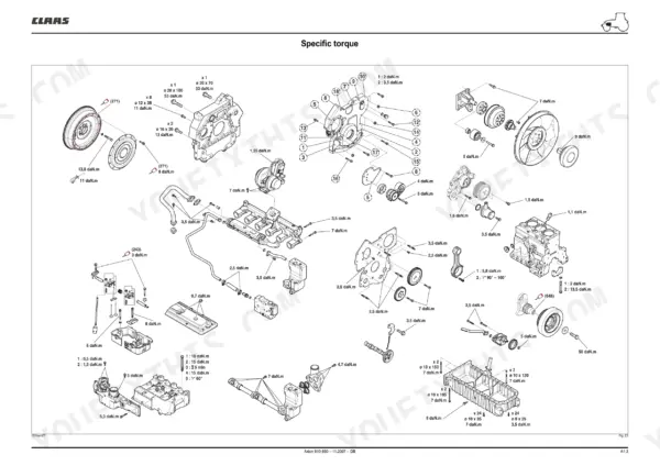 Claas Axion 810-850 engine exploded view showing specific torque values for flywheel, housing, oil pan, and internal components.