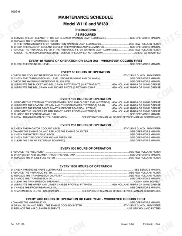 New Holland W110, W130 maintenance schedule table listing service intervals from as required to 2000 hours of operation.