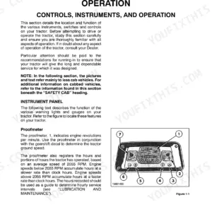 New Holland 345D, 445D, 545D operator manual section on controls, instruments, and proofmeter operation with panel diagram.
