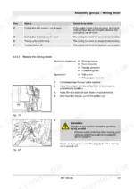 Bomag BM 1000/35 milling drum cutting chisel replacement procedure, wear status table, and safety tool requirements.