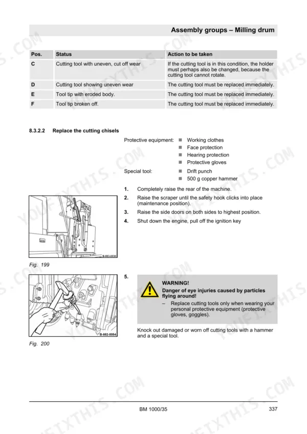 Bomag BM 1000/35 milling drum cutting chisel replacement procedure, wear status table, and safety tool requirements.