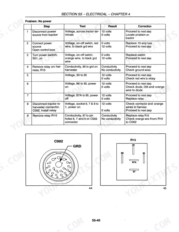 New Holland FP230, FP240 electrical wiring diagram showing main power relay, switch, diode, and circuit breaker components.