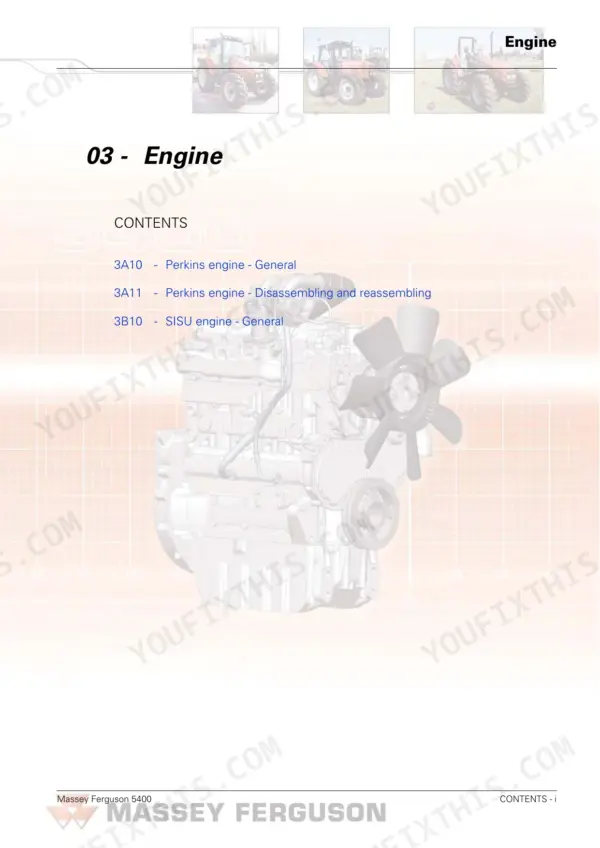 Massey Ferguson 5425-5475 SA engine section contents page listing Perkins and SISU engine repair procedures.
