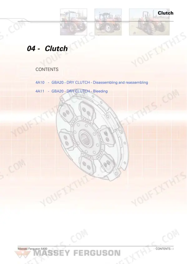 Massey Ferguson 5425-5475 SA Clutch section contents page listing GBA20 dry clutch disassembly and bleeding procedures.