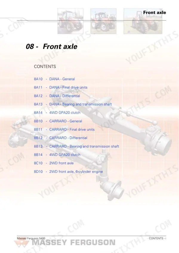 Massey Ferguson 5425-5475 SA Front Axle section table of contents for DANA and CARRARO 4WD and 2WD axle components.