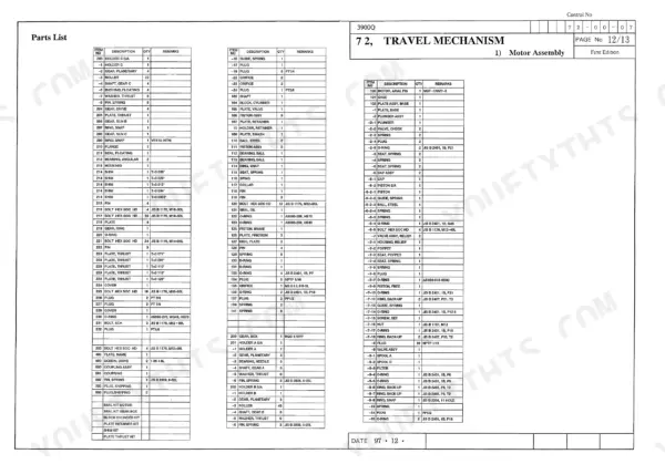Link-belt 3900Q parts list for travel mechanism motor assembly including axial piston motor components and seal kits.