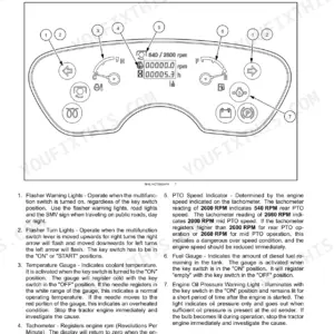 New Holland Boomer 24 instrument panel diagram showing gauges, indicators, and numbered controls with descriptive text.
