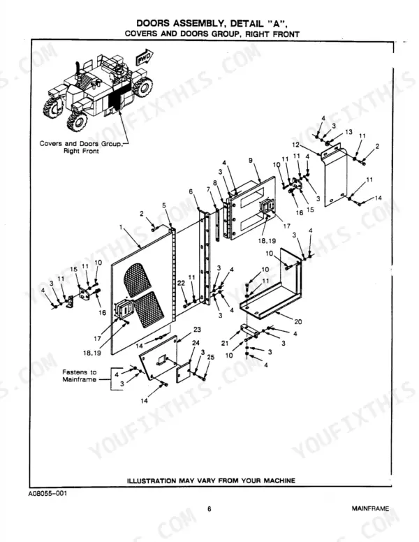 Cmi Corporation RS-650 exploded view of right front covers and doors assembly with numbered hardware components.