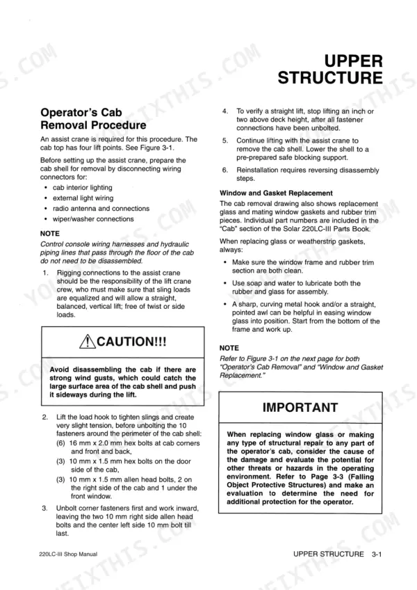 Daewoo Solar 220LC-III operator cab removal procedure and window gasket replacement instructions.