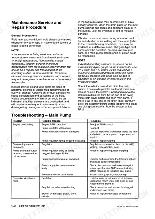 Daewoo Solar 220LC-III maintenance procedures and main pump troubleshooting table for hydraulic system issues.