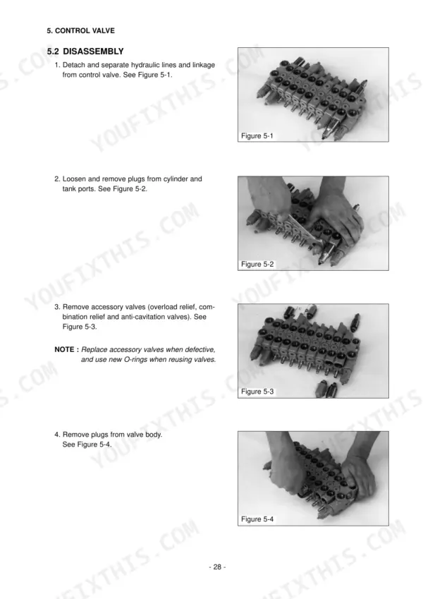 Daewoo SOLAR 010 control valve disassembly procedure showing removal of plugs and accessory valves with step-by-step photos.