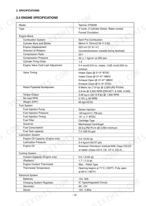 Daewoo SOLAR 010 Yanmar 2TNE68 engine specifications table including fuel, lubrication, cooling, and electrical system data.