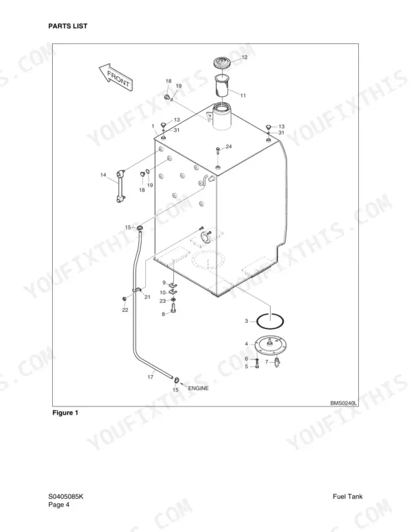 Daewoo Solar 175LC-V exploded view diagram of the fuel tank assembly showing cap, filter, and mounting hardware components.