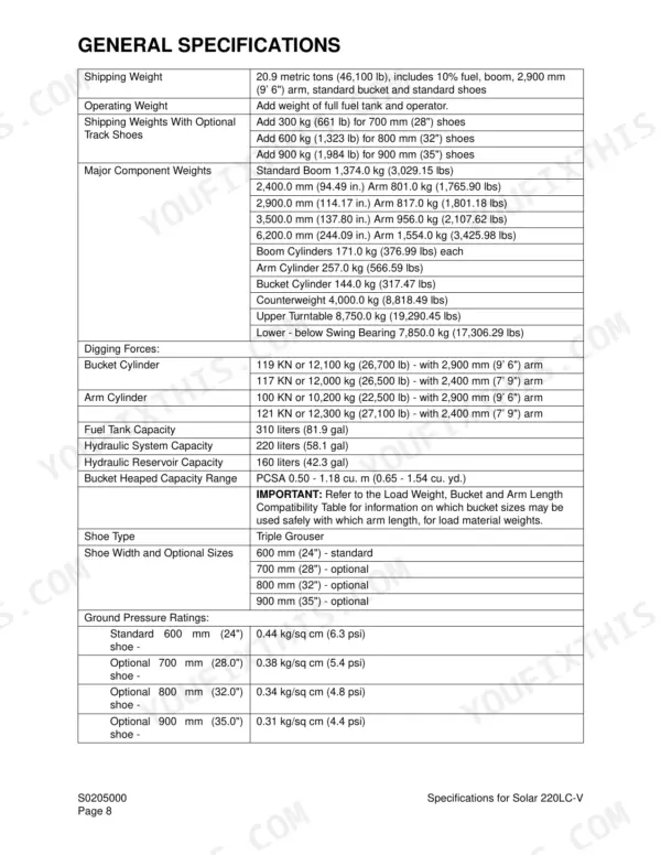 Daewoo Solar 220LC-V general specifications table including component weights, digging forces, capacities, and ground pressure.