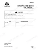 daewoo-solar-220ll-track-excavator-shop-manual-2023-7134e-specs-33.webp Daewoo Solar 220LL, Solar 290LL specifications page with safety caution and serial number range table for model 1001 and up.