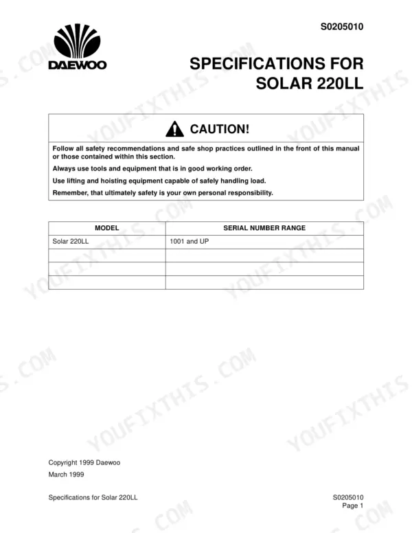 Daewoo Solar 220LL, Solar 290LL specifications page with safety caution and serial number range table for model 1001 and up.