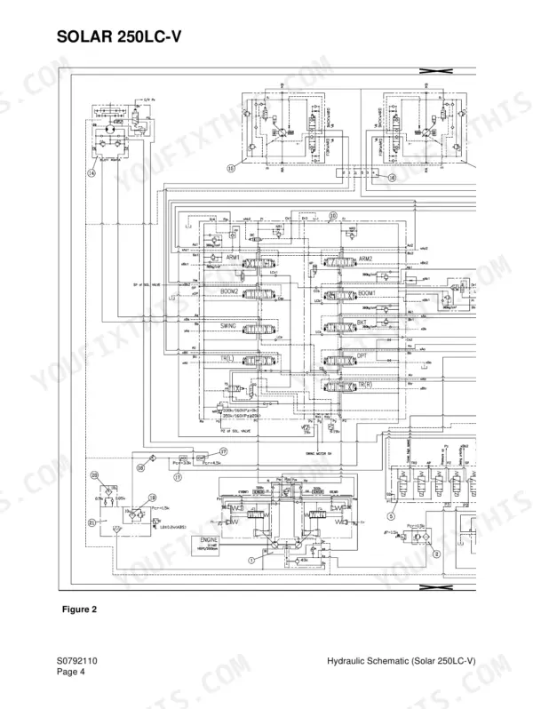 Daewoo Solar 250LC-V hydraulic schematic diagram showing main control valve, pump, and actuator circuits.