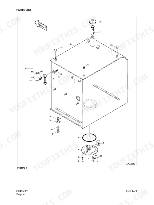 Daewoo Solar 250LC-V exploded view parts list diagram of the fuel tank assembly and mounting components.