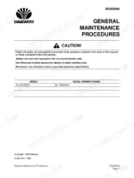 daewoo-solar-250lc-v-track-excavator-shop-manual-023-00031e-maintenance-51.webp Daewoo Solar 250LC-V general maintenance procedures page with safety caution and serial number range table.