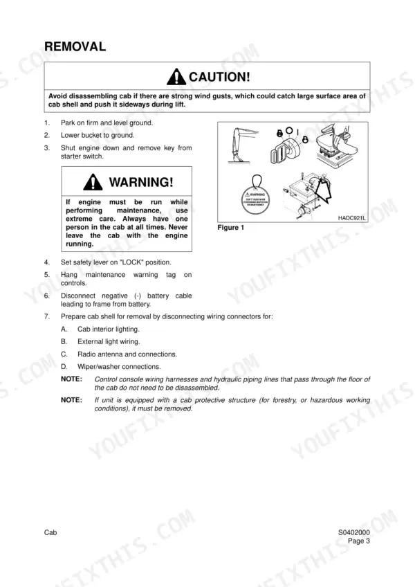 Daewoo Solar 250LC-V cab removal procedure, safety warnings, and diagram showing control console and wiring disconnects.