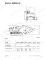 daewoo-solar-250lc-v-track-excavator-shop-manual-023-00031e-specs-32.webp Daewoo Solar 250LC-V general dimensions diagram and specifications table for boom, arm, bucket, and shipping measurements.