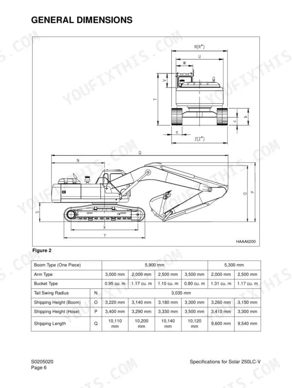 Daewoo Solar 250LC-V general dimensions diagram and specifications table for boom, arm, bucket, and shipping measurements.