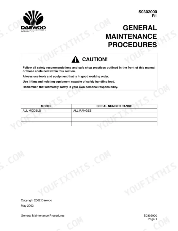 Daewoo Solar 255LC-V general maintenance procedures page with safety caution and model serial number range table.