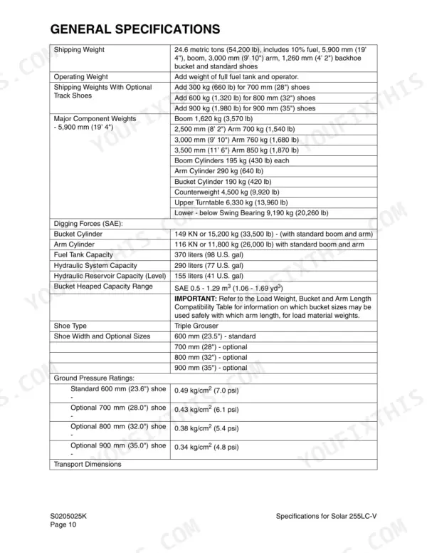 Daewoo Solar 255LC-V general specifications table including shipping weight, component weights, digging forces, and ground pressure.