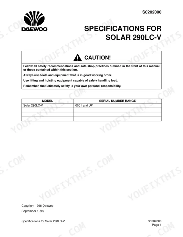 Daewoo Solar 290LC-V specifications page showing safety caution and serial number range table for model 0001 and up.