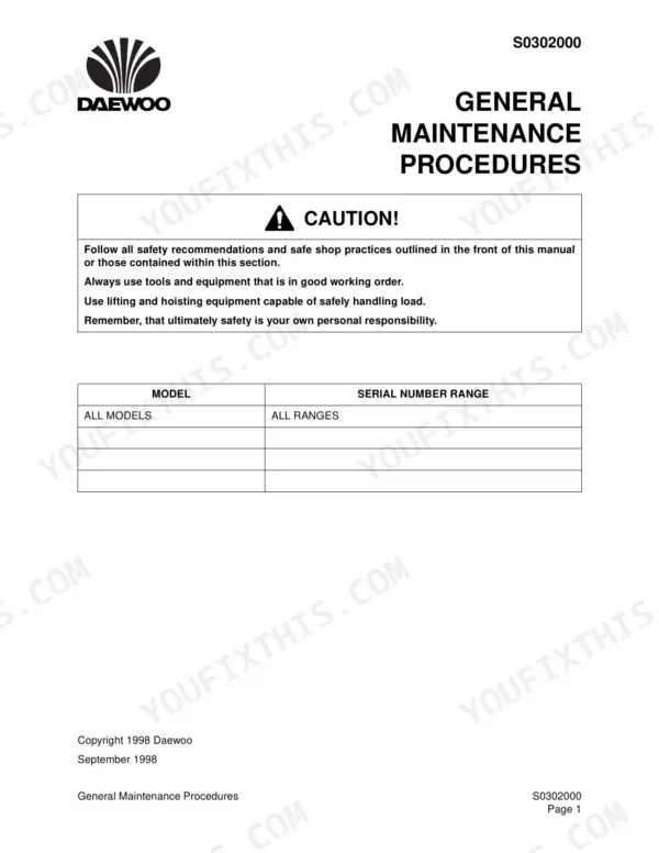 Daewoo Solar 290LL general maintenance procedures page with safety caution and model serial number range table.