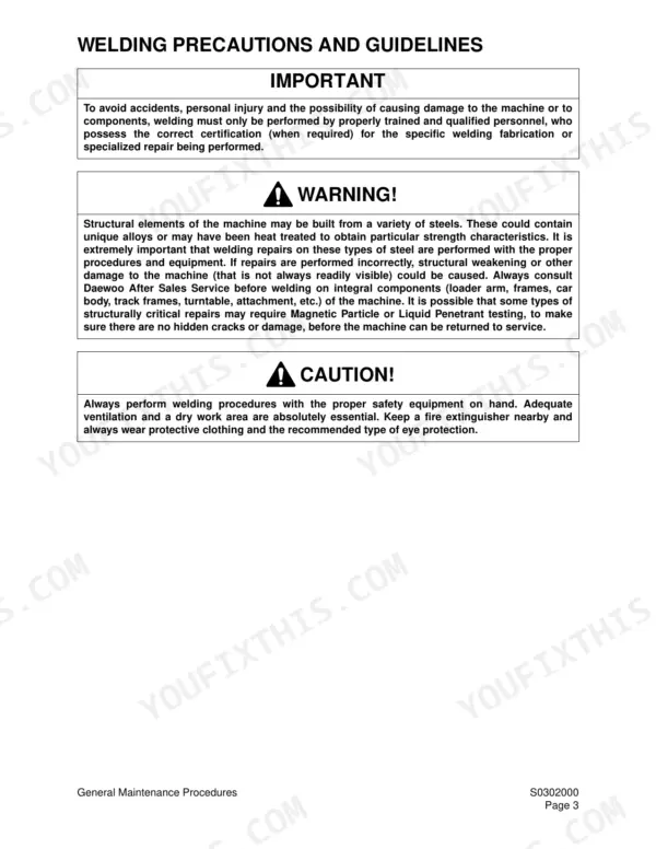 Daewoo Solar 300LC-V welding precautions and safety guidelines for structural repairs and maintenance procedures.