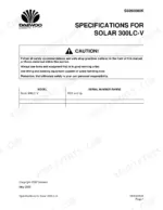 daewoo-solar-300lc-v-track-excavator-shop-manual-023-00043e-specs-49.webp Daewoo Solar 300LC-V specifications page with safety caution and serial number range table for units 1001 and up.