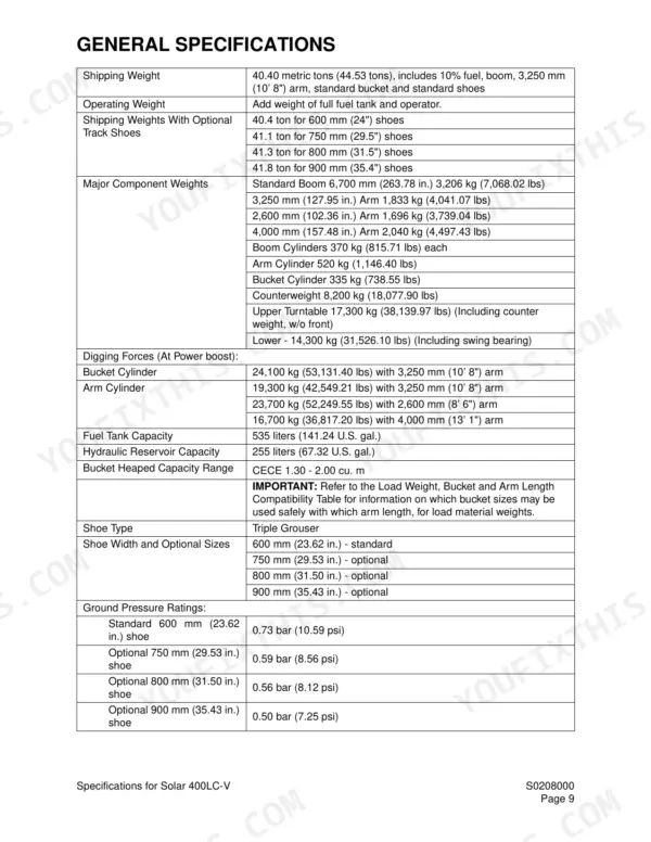 Daewoo Solar 400LC-V general specifications table including shipping weights, component weights, digging forces, and ground pressure.