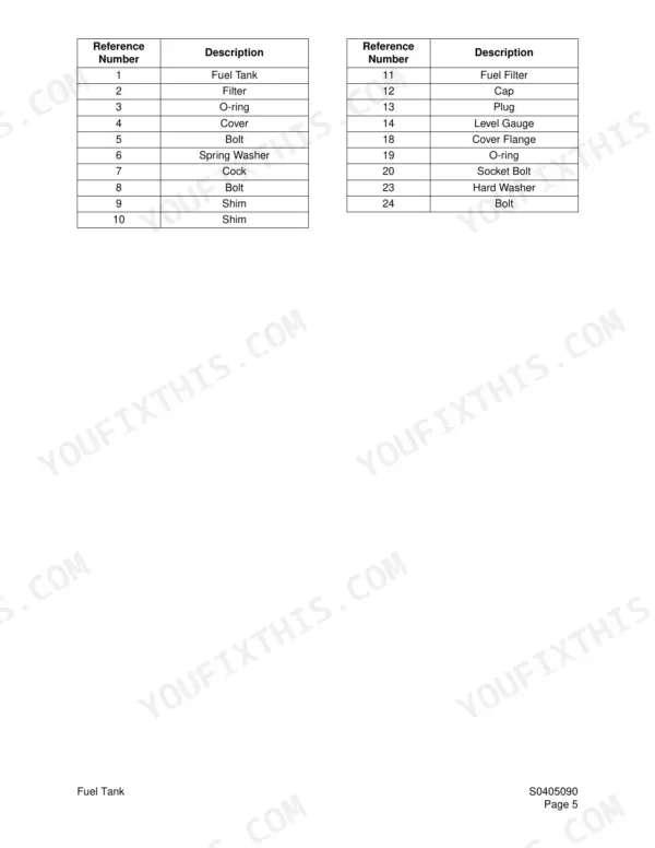 Daewoo Solar 450LC-V parts list table for fuel tank components, including filters, bolts, shims, and level gauge references.