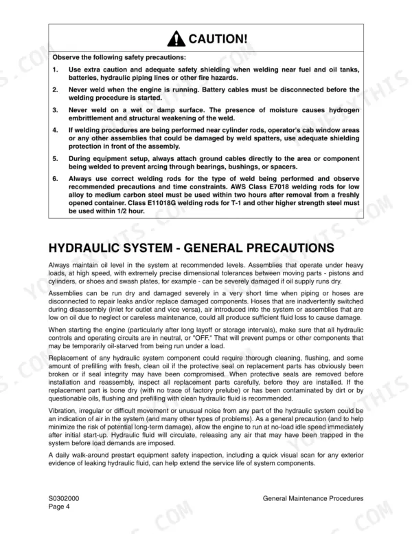 Daewoo Solar 55-V Plus welding safety precautions and hydraulic system general maintenance procedures manual page.