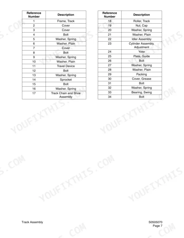 Daewoo Solar 55-V Plus parts list table for track assembly components including idler, sprocket, and travel device.