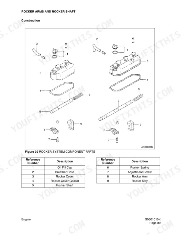 Daewoo Solar 015 PLUS, Solar 018-VT exploded view of engine rocker arms, rocker shaft, cover, and component parts list.