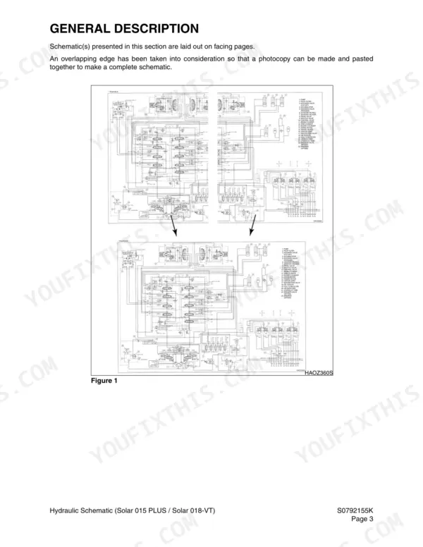 Daewoo Solar 015 PLUS, Solar 018-VT hydraulic system schematic diagram showing pump, cylinders, and control valve components.