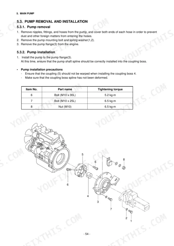 Daewoo Solar 030 Plus, Solar 035, 035 main pump removal and installation procedure with torque specs and exploded view.