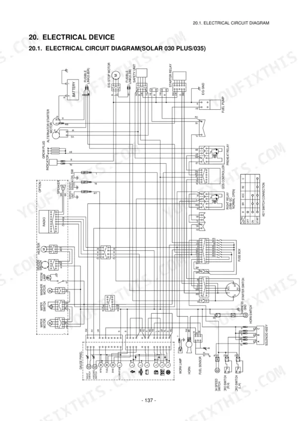 Daewoo Solar 030 Plus, Solar 035, 035 electrical circuit diagram showing battery, starter relay, fuse box, and key switch.