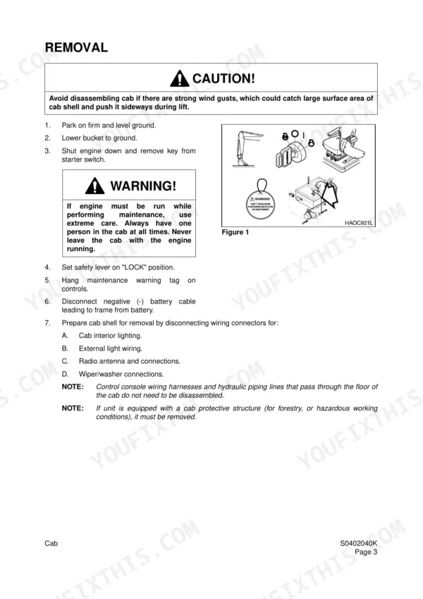 Daewoo Solar 470LC-V cab removal procedure with safety warnings and wiring connector disconnection steps.
